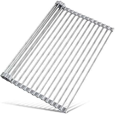 Tomorotec 17.7" x 15.5" Roll Up Dish Drying Rack Over Sink Drying Rack Sink Cover Kitchen Sink Accessories Gadget Multipurpose Organizer Foldable Stainless Steel Drainer (Grey) Cover