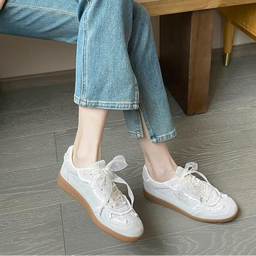 Women's Lace Casual Sneakers Elegant Ribbon Lace Up Fashion Ballet PU Leather Sneakers Trendy Casual Walking Shoes for Women2