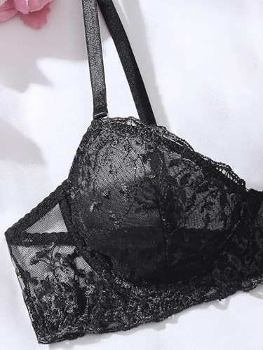 Image of Sexy Floral Embroidered Flower Mesh Underwire Push Up Lingerie Set