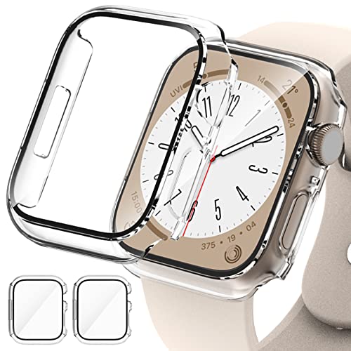 2 Pack Hard PC Case Compatible with Apple Watch Series 8 Series 7 41mm Screen Protector, EWUONU Tempered Glass Film Hard Bumper Anti-Scratch HD Ultra-Thin Protective Cover for iWatch 41mm, Clear+Clear