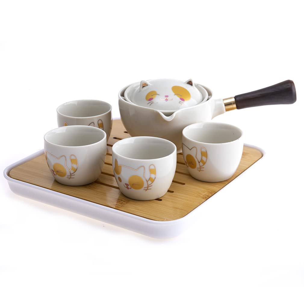 lachineuse – Juego de té japonés con gato Kawaii – con tetera, 4 tazas de porcelana, bandeja y bolsa de transporte – Idea de regalo japonés lindo – Vajilla asiática