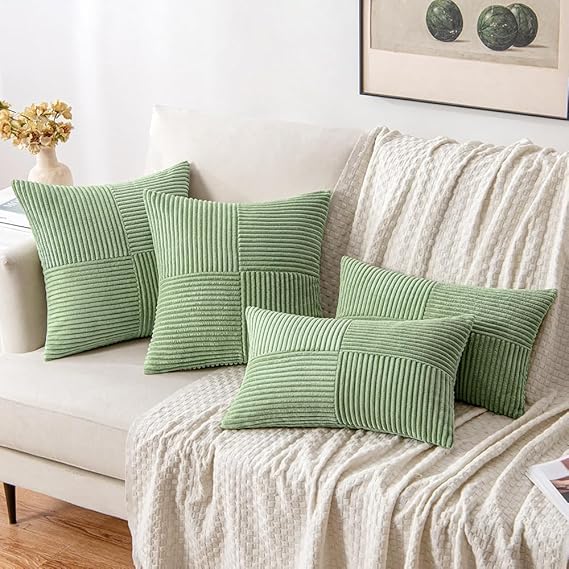 Image of Guffaw Corduroy Pillow Covers Boho Decorative Spliced Throw Pillow Covers Soft Solid Couch Pillowcases Cross Patchwork Cushion Covers for Living Room Bed Sofa 16x16 inch (5, SAGE Green)