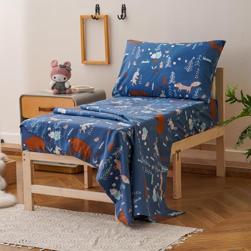 Image of Luxlovery Toddler Comforter Set Cartoon Bear Printed Kids Children Blue Bedding Set Bed Set for Dorm Kid's Bedroom 4 Pieces (1 Comforter, 1 Flat Sheet, 1 Fitted Sheet, 1 Pillowcase)