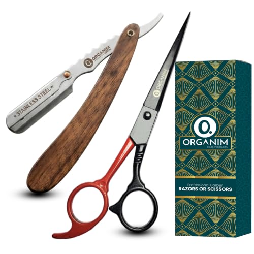 Image of Professional Barber Shaving Razor for Men with Wooden Handle and Stainless Steel Clip Head Razor | Includes Hair Cutting Scissor | Salon-Grade Shaving and Grooming Kit