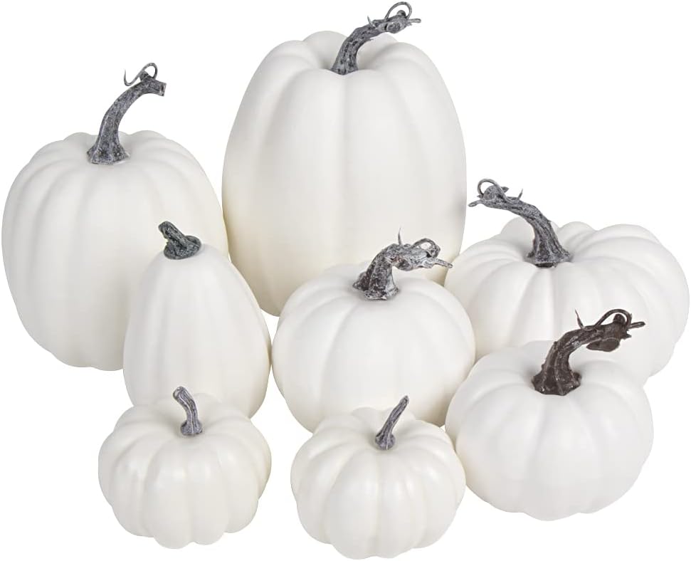 LOKIPA Juego de calabazas artificiales blancas grandes surtidos de calabazas de cosecha sintética para otoño, boda, Acción de Gracias, Halloween, decoración de mesa