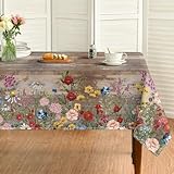 Horaldaily Spring Tablecloth 60×84 Inch Rectangular, Flowers Brown Wood Grain Washable Seasonal Table Cover for Party Picnic Dinner Decor