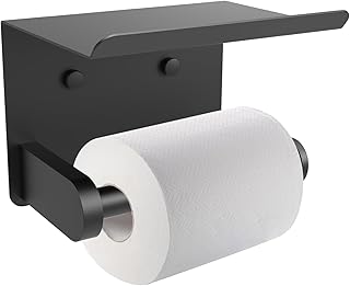 SetSail Toilet Paper Holder with Shelf Adhesive or Screw Bathroom Toilet Paper Roll Holders Wall Mount Matte Black Tissue Holder for Bathroom Hardware Accessories