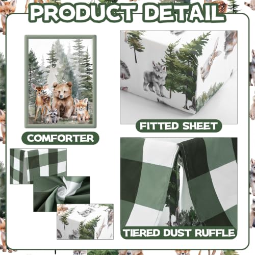 Image of Hahafelt 3 Pcs Woodland Animal Baby Crib Bedding Set for Boy | Includes Quilt, Fitted Sheet, Skirt, Soft Green Forest Bear Deer Nursery Bedding for Standard Infant Toddler Bed