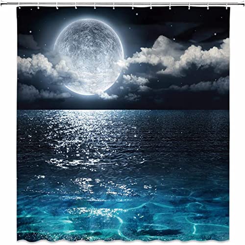 AMFD Moon Shower Curtain Full Moon Over Sea Ocean Clouds Planet Star Sky...