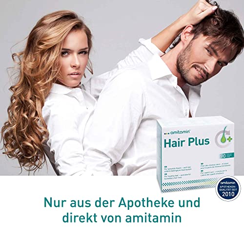 amitamin© Hair Plus Haar Vitamine | 180 Komplex Kapseln 3 Monate hochdosiert | Zink, Kupfer, Biotin, Selen, Folsäure plus 16 wichtige Nährstoffe | auch gegen erblichen Haarausfall | vegan |