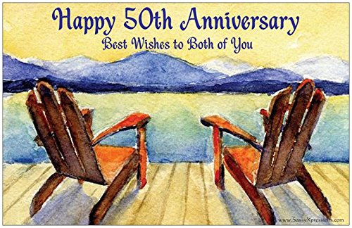 Happy 50th Anniversary Magnet – Adirondack Chairs with Lake & Mountain View – 5.5 x 4.25 Inches Flexible Magnetic Greeting Card with Self-Seal Envelope – by SassyXpressions