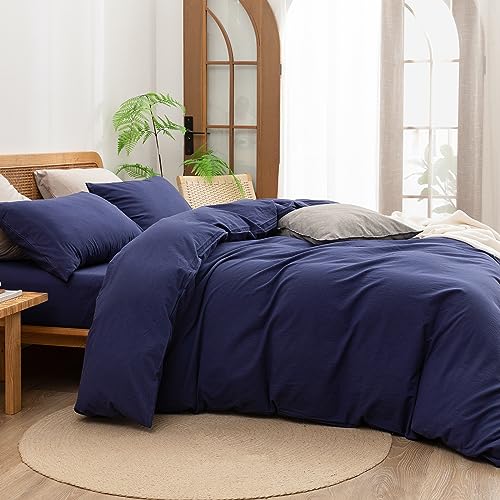 Image of BESTOUCH Cotton Solid Duvet Cover Set Linen Feel Navy Blue Twin | Washed Cotton, Linen Feel, Soft Wrinkle Texture, Hidden Zipper, 8 Ties, Breathable Lightweight Durable Comfy, 2Pcs No Insert