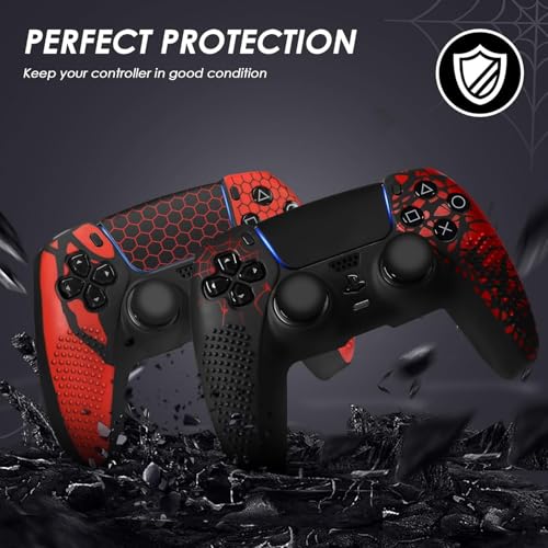 Image of Meyaar Anti-Slip Silicone Cover for PS5 Controller with Thumb Grip Caps & Touchpad Sticker Made for PS5 Controller Only. (Bloodline Black + Honeycomb (2 Pack))