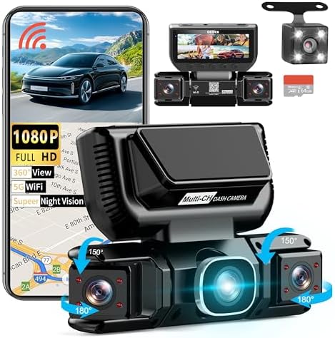 360 Grad Ansicht, 4 Kanal Dashcam mit 5G WLAN und App Steuerung, GEMEK 2K Front und Rückkamera, Innen und Außenkamera links und rechts für Autos, inklusive kostenloser 64 GBTF Kart