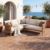 Merax Rattan Outdoor Acacia Wood V-Shaped Sectional Sofa with Cushions