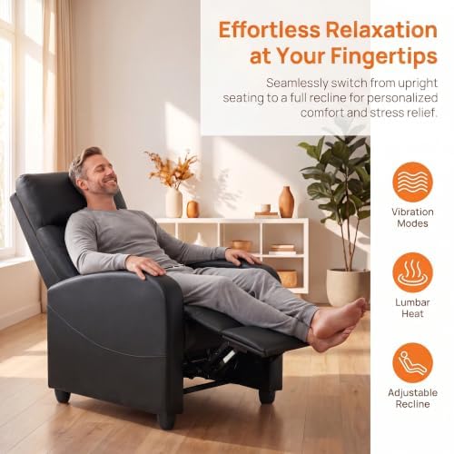 Image of Manual Massage Recliner Chair, Oversized Lazy Boy Reclining Couch Chair with Lumbar Heat & Adjustable Backrest, Single Recliner Sofa for Home Theater Seating, Living Room, Bedroom, Black