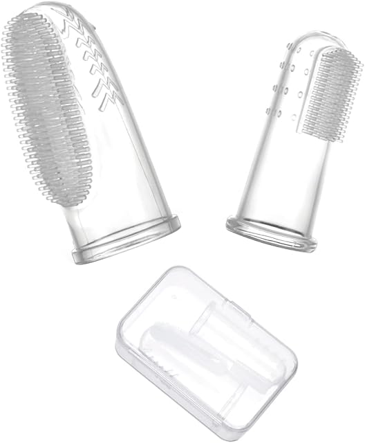 haakaa Silicone Baby Finger Toothbrush Set -360º Bristle for Baby Oral Gum Cleaning| Baby Teething Training| Newborn Oral Massager, BPA Free,2PK - 0m+Babies - Clear