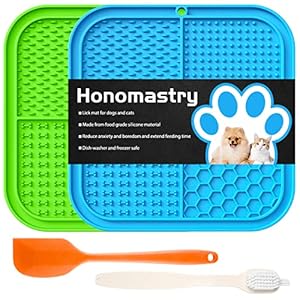 Licking Mat, Premium Lick Pad with Suction Cups for Dog Anxiety Relief, Slow Feeder Dog Bowls, Bathing, Grooming and Training, 2 Pack (Green and Blue)