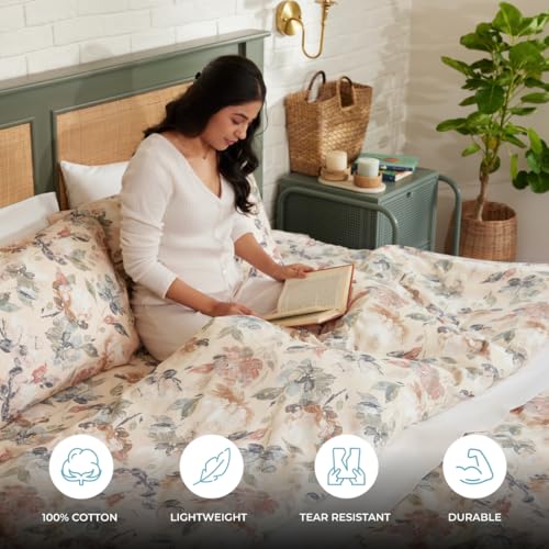 Image of Blue Dahlia 100% Cotton, King Size /Double, Elastic Fitted Bedsheet (72 inchx78 inch) + 2 Pillow Covers, Silky Smooth Feel, Fits Upto 10 inch Mattress, 300TC Printed Premium Bedsheet, Rustic Flowers Beige