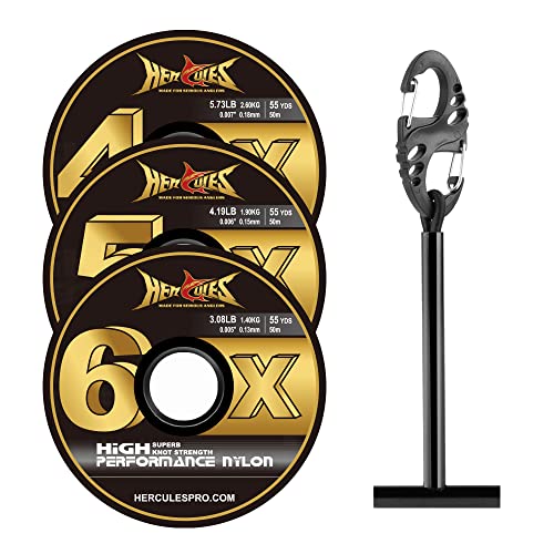 HERCULES Fly Fishing Tippet 3 Pack with Fly Tippet Holder 4X5X6X - 55YDS Nylon