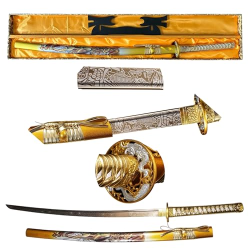 Profi Katana Schwert Echt Scharf Metall aus 1095 Stahl mit Scheide Ständer und Geschenkbox Handgeschmiedete gebeizte Klinge nur für Erwachsene 18 Jahre erforderlich (Goldener Drache GXSW-01)
