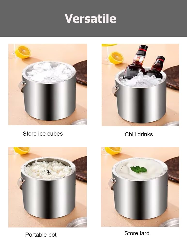 Cubo de hielo de acero inoxidable de doble pared de 1,6 x 2,3 L for cubitos de hielo, enfriador de bebidas con aislamiento al vacío, tapa hermética y pinzas for hielo(Gold,H 16.5cm/6.3in)