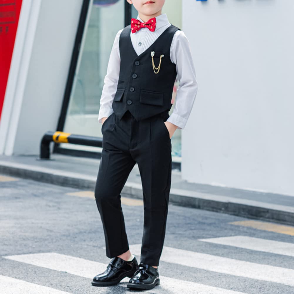 Traje de Caballero para Niño Conjunto de Ropa Formal para Ceremonia Boda Fiesta Bautizo Infantil Juego de 4 Piezas Conjunto de Camisa Manga Larga+Chaleco+Pantalones+Corbata de Moño para Chicos