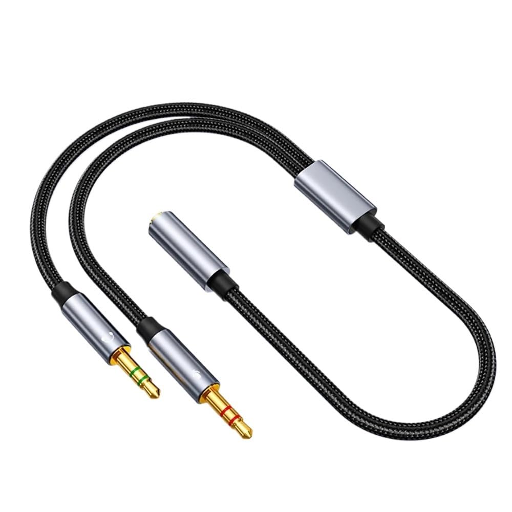 Divisor de auriculares para computadora, 3.5 mm hembra a 2 adaptadores de audio dobles de 3.5 mm macho, compatible con auriculares y micrófonos para juegos (gris)