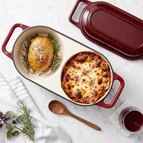 Image of Double Dutch Oven Pot with Lid, 2.2QT Enameled Cast Iron Bread Loaf Pan, Mini Dutch Oven For Sourdough Bread Baking, 500F Oven Safe Non Stick Dual Round Bread Pan, Bread Oven, 16.5cm Diameter, Red