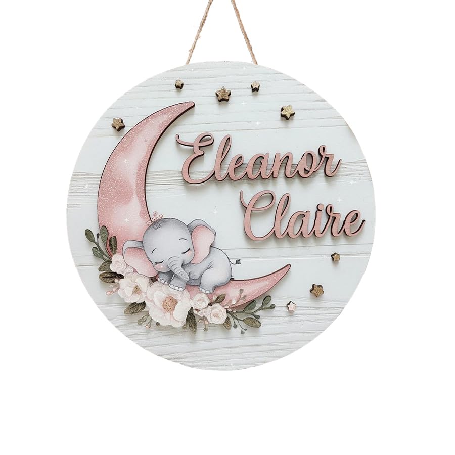 Personalized Wooden Name Signs for Nursery, Moon Elephant Sign for Baby Door Decor, Newborn Gifts for Girl, Girls Nursery Wall Bedroom Decorations, Mother's Day Gifts for New Mom Dad Gift