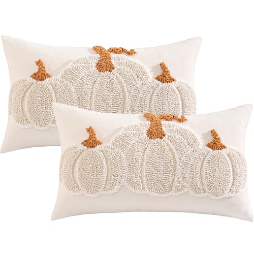 Tosleo Halloween Throw Pillow Covers 12x20 inch Set of 2 Halloween Beige Pumpkin with Orange Root Embroidered Pillow Cases Thanksgiving Home Party Pumpkin Fall Decor Pillowcases Lumbar Cushion Covers