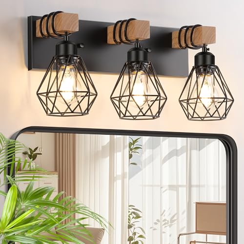 FadimiKoo 3-Light Farmhouse Bathroom Vanity Light Fixtures, Wood Bathroom Lighting Over Mirror, Black Vanity Lights with Metal Lampshade, Vintage Wall Light Fixtures for Bedroom, Living Room, Hallway