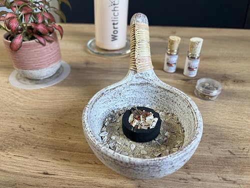 Bitto Räuchergefäß Räucherschale ATUM aus Terracotta in Whitewash mit Bastgriff, L: 19 cm, H: 5,5 cm, Ø 11 cm