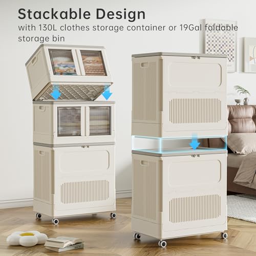 Image of HAIXIN HOME 130L Plastic Laundry Hamper with 3 Soft Bags, Foldable Rolling Clothes Laundry Basket with Lid for Bedroom, Bathroom, Dorm, Heavy Duty Clothes Organizer with Wheels for Bedding, Blankets