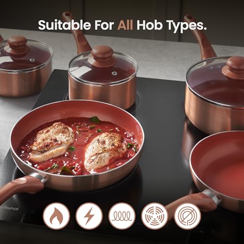 VonShef Pots and Pans Set, 8 Piece Induction Safe, Non-Stick Saucepan and Frying Pan Set, Easy Clean Copper Pots and Pans Set with Glass Lids, PFAS, PTFE, PFOA, Lead & Cadmium Free - Image 3