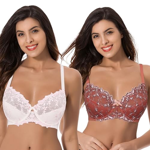 Curve Muse Mujeres Ligeramente Acolchado con Aro Sujetador de Encaje Bordado-Paquete De 2-Suero De Mantequilla,Meca De Naranja-95G