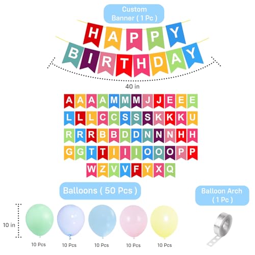 Image of Party Propz Latex, Cardstock Happy Birthday Banner - 115 Pcs Birthday Decoration Kit, Alphabets For Decoration, Customized Banner With Name & Pastel Balloon For Decorations (Multicolor)