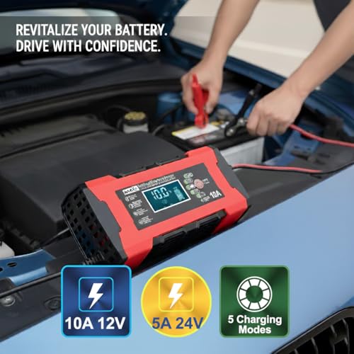 Image of inveXo 10-A 12V 24V Smart Car Battery Charger, Bike, Truck | Automotive Trickle Charger, Battery Maintainer, Desulfator, Temp Compensation | Suitable for Lead Acid, AGM, Gel, SLA (10-A 12V & 5-A 24V)