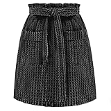 KANCY KOLE Damen Denim Schwarz Freizeitrock mit Elastischer Bund Kurz Rock Mini Jeans Kurz Denim Skater Skirt Frühling Sommer Halbrock Minirock mit Gürtel KC0143S22-01_0XL