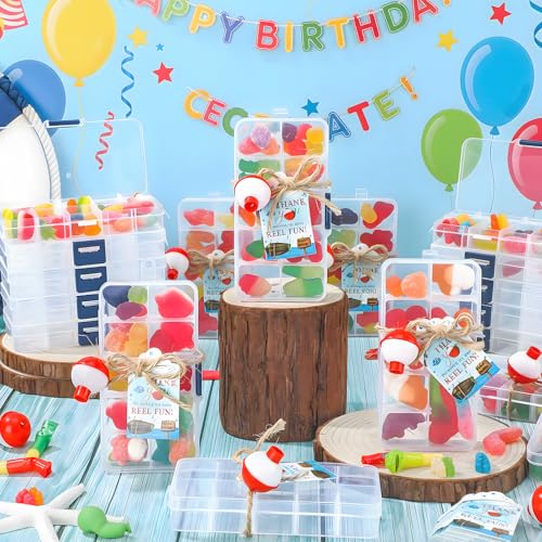 Image of Wonderjune 12 Sets Fishing Party Favors Candy Little Tackle Boxes with Red White Floater Thank You Cards for Making My Reel Fishing Theme Party Decorations