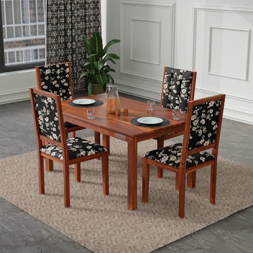 Image of DRIFTINGWOOD Tiya 4 Seater Sheesham Wood Dining Table Set with 4 Chairs | Solid Wood Dining Room Set for Home & Living Room | Floral Fabric Upholstered Chairs | Honey Finish