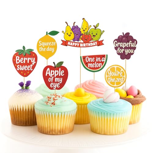Image of Just Party Fruits Theme Happy Birthday Cake Topper & Birthday Props for Kids | Cake Toppers for Cake Decoration & Photo Props / Muffin Toppers | Set of 6 Props + 1 Topper