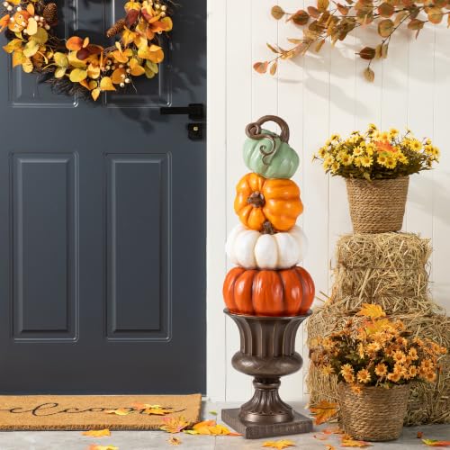 Glitzhome 30.75H Fall Stacked Pumpkin Porch Decor MGO Autumn Harvest Pumpkin Statue with Brown Urn Fall decorations for Home Front Door Party Yard Thanksgiving Halloween