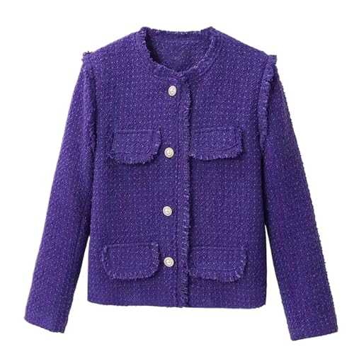 Manteau violet en tweed mi-saison veste courte femme