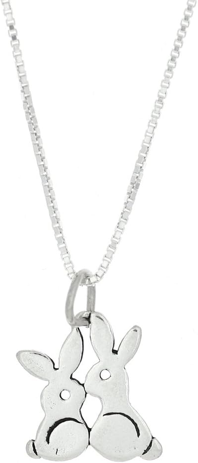 Sterling Silver One Sided Small Kissing Bunny Rabbits Necklace