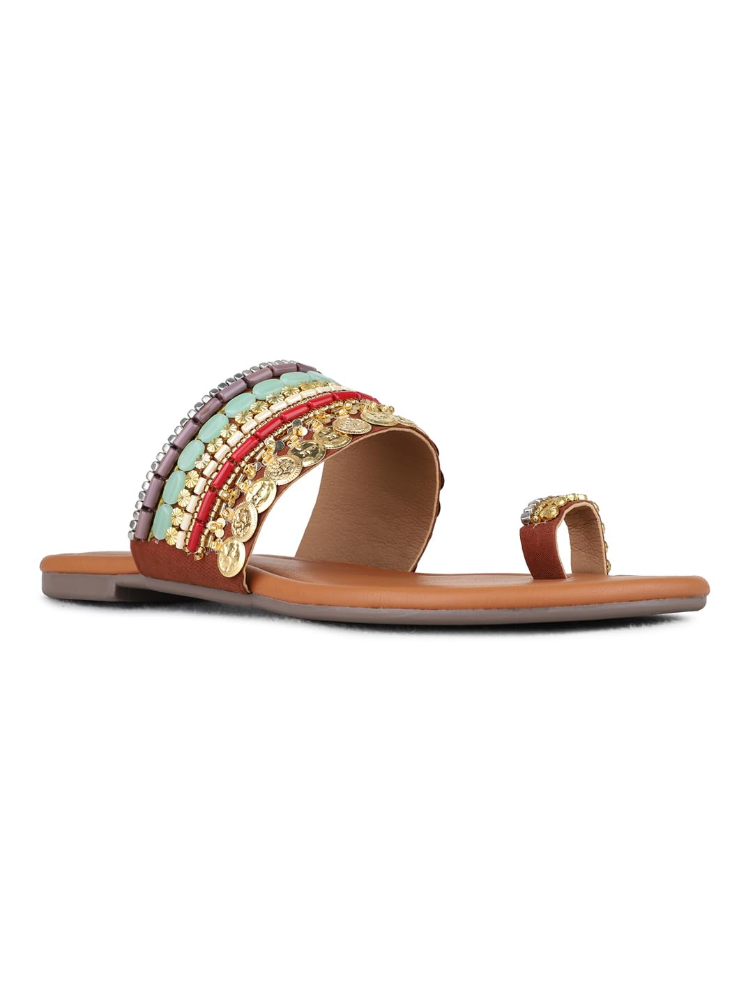 Womens Golden Ethnic Embellished One Toe Slip-on Flats-image-31