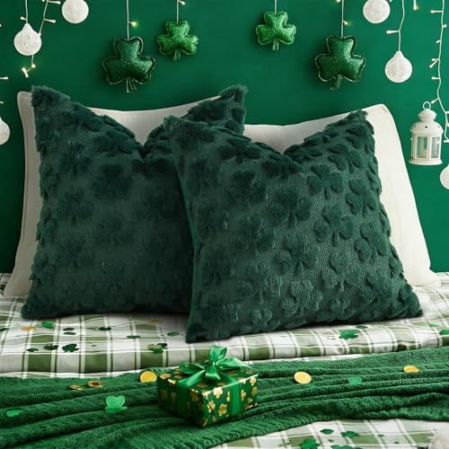 Image of decorUhome St. Patrick's Day Shamrock Green Pillow Covers 20x20 Inch Set of 2, Soft Plush Faux Wool Throw Pillow Covers, Farmhouse Spring Holiday Decor for Sofa Living Room
