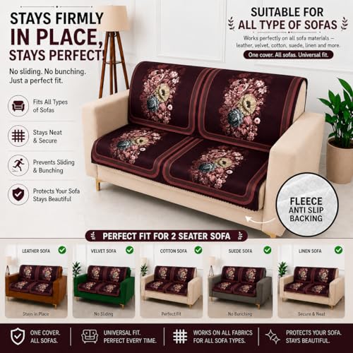 Image of Homerz Premium 'Luxe Series' Sofa Cover | Holland Velvet Fabric | Smooth Finish | Anti-Slip Fleece Backing Couch Protector (Maroon, 2 Seater, Seat Cover with Backrest)