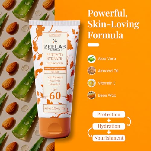 Image of Zeelab Sunscreen Lotion SPF 60+ | Broad Spectrum UVA /UVB Protection | Lightweight, Non-Greasy Formula with Aloe Vera, Almond Oil & Vitamin E | Prevents Sunburn, Tanning & Ageing | 100 gm