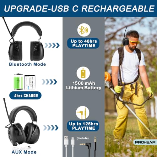 Image of PROHEAR 033 2Pack Upgraded Bluetooth 5.4 Hearing Protection AM FM Radio Headphones, Noise Reduction Safety Earmuffs with Rechargeable 1500 mAH Battery, Ear Protector for Mowing Lawn Work, Black+Green